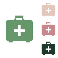 Medical First aid box sign. Russian green icon with small jungle green, puce and desert sand ones on white background. Illustration.