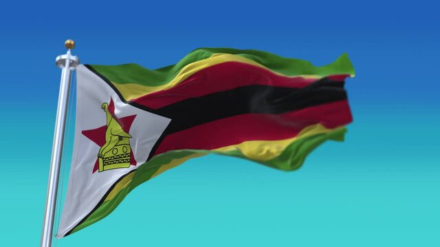 4k Zimbabwe National flag slow seamless waving with visible wrinkles in wind blue sky background.digital rendering;animation loop.