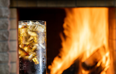 Glass of cola with ice in front of burning fireplace in a country house.
