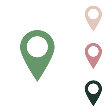 Mark pointer sign. Russian green icon with small jungle green, puce and desert sand ones on white background. Illustration.