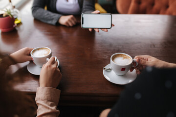 Middle selection of woman show photo in smartphone. First person view. Mock up