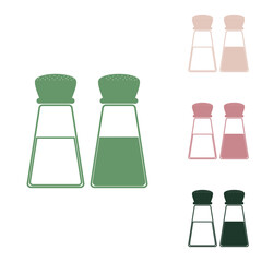 Salt and pepper sign. Russian green icon with small jungle green, puce and desert sand ones on white background. Illustration.