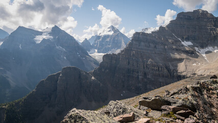 Alpine scenery with rocks and mountains, shot at Mount St. Piran summit, Banff National Park, Alberta, Canada