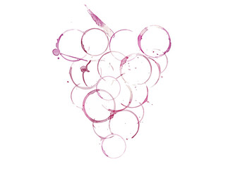 Stains from wine glasses form the shape of a bunch of grapes with a stem. Isolated on a white background.
 - obrazy, fototapety, plakaty