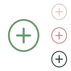 Positive symbol plus sign. Russian green icon with small jungle green, puce and desert sand ones on white background. Illustration.