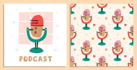 Blogging, vlogging set. Filming items. Microphone, sound recording. Communication, online. Flat colourful vector seamless pattern, texture, background. Card isolated on white background.