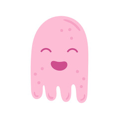 Video game character. Emoji with smiling face. Happy calm mood. Little pink funny creature. Computer game, stream, blog, vlog. 
Flat hand drawn vector illustration, icon, sticker, design element.
