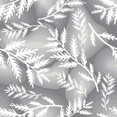 Abstract seamless pattern with white branches of a plant on a gray abstract background. Vector