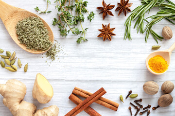 Antivirus health food immune boosting properties with rosemary, thyme, nutmeg, sage, clove spice, ginger, cinnamon sticks, turmeric, star anise, cardamom herbs. Immune improve healthy products concept