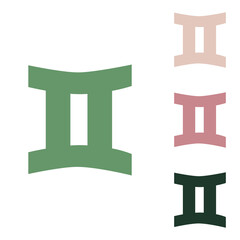 Gemini sign. Russian green icon with small jungle green, puce and desert sand ones on white background. Illustration.