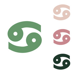 Cancer sign illustration. Russian green icon with small jungle green, puce and desert sand ones on white background. Illustration.