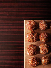 meat balls on old wooden board stock photo