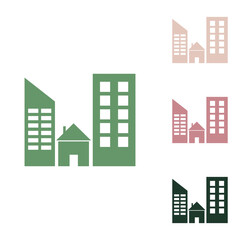 Real estate sign. Russian green icon with small jungle green, puce and desert sand ones on white background. Illustration.