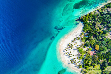 Fototapeta na wymiar Aerial drone view of beautiful caribbean tropical island Cayo Levantado beach with palms. Bacardi Island, Dominican Republic. Vacation background.