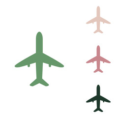 Airplane sign illustration. Russian green icon with small jungle green, puce and desert sand ones on white background. Illustration.