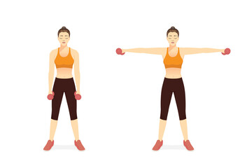 How to training Dumbbell Exercise in the Side Lateral Raise Shoulder pose by sport women. Illustration about easy Fitness with lightweight workout equipment of gym.