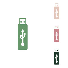 USB flash drive sign. Russian green icon with small jungle green, puce and desert sand ones on white background. Illustration.