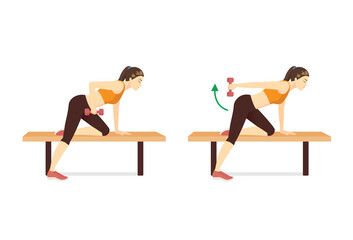 Sport Woman doing One Arm The dumbbell kickback Exercise on Bench in 2 steps. target on Triceps muscles and shoulders. Illustration about easy Fitness during stay at home.