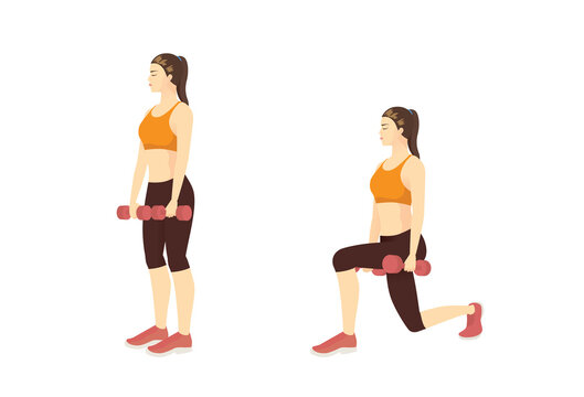 Sport Woman doing exercise with Dumbbell Lunge in 2 step. Workout diagram of Fitness with lightweight equipment for leg muscles.