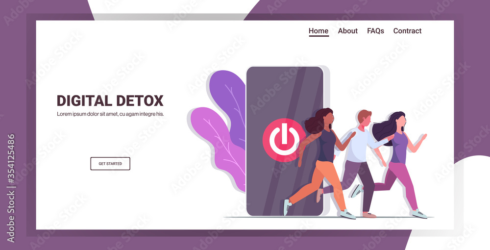 Poster mix race people running out smartphone screen with turn off button digital detox rest from devices c