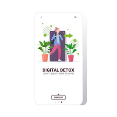woman coming out of cellphone digital detox concept girl escaping from digital addiction abandoning internet and social networks smartphone screen mobile app full length vector illustration