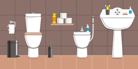 The bathroom in white and brown tones. Vector image in the flat design style. Paper space, space for text