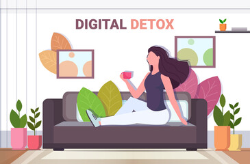 woman drinking coffee relaxing on sofa digital detox concept girl abandoning internet and social networks living room interior horizontal full length vector illustration