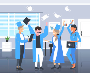 doctors team taking off face masks celebrating victory over coronavirus pandemic quarantine covid-19 is ending concept hospital interior horizontal full length vector illustration