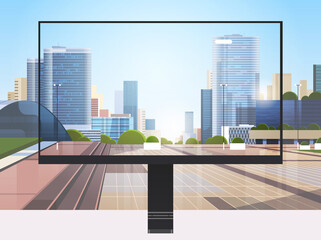 transparent monitor screen cityscape background realistic gadgets and devices concept horizontal vector illustration