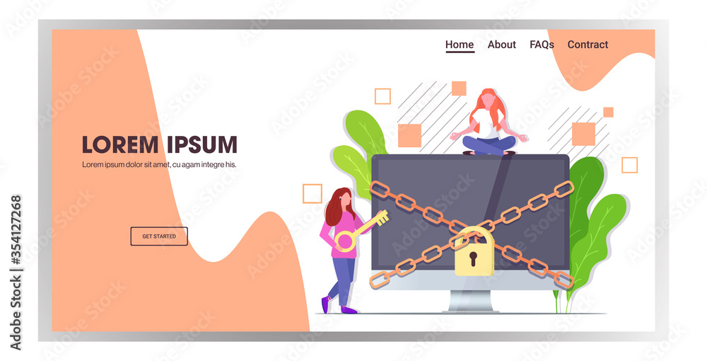 Poster woman holding key near computer monitor with chain and lock digital detox rest from devices concept 
