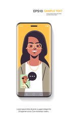 woman takling through video call with man on smartphone screen distance relationshps communication concept copy space vertical vector illustration