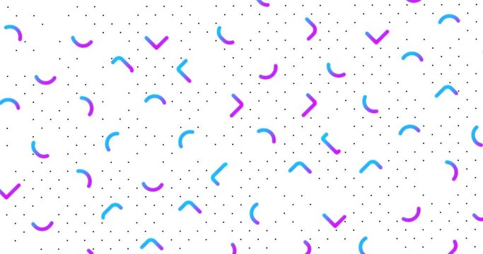 Bright geometric seamless looping animated pattern. Blue purple gradient moving memphis shapes. Black dots on white background. Circle, rounded square abstract lines. Modern summer design. Sale banner