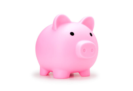 piggy bank for saving money isolate on white with clip path, best for die cut. pink pig doll side view for save coin real photo image  on white background.
