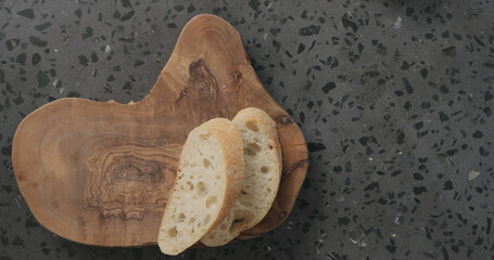 top view slices of tta bread on concrete countertop