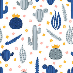 Cute hand drawn seamless pattern with cacti and succulent. Texture design perfect for fabric, wrapping paper, textile or wallpaper