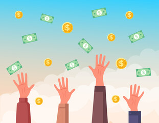 Money falling in hand concept. Vector flat graphic design illustration