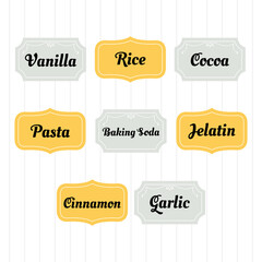 Food storage labels. Kitchen food tags collection for kitchen containers or jars. Vanilla, rice, cocoa