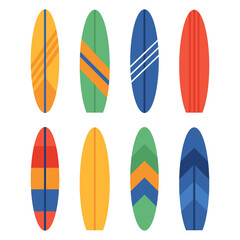 Set of different colourful surfboards. Summer surfing