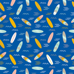 Summer seamless pattern with surfboards. Cute sea, ocean background. Flat style design