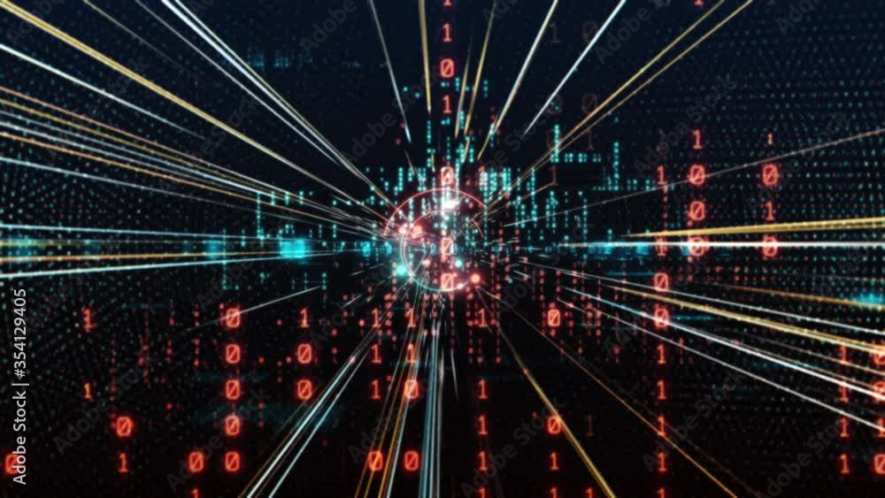Poster Transfer and storage of data sets/Abstract glowing tunnel. Virtual processor loading binary data.
Movement on the data download channel of the virtual motherboard of a computer. 3D Rendering