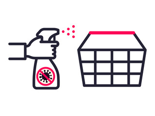 Sanitary treatment of a supermarket basket. Use a spray antiseptic to prevent the spread of disease. Vector illustration