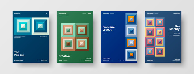 Naklejka na ściany i meble Company identity brochure template collection. Business presentation vector A4 vertical orientation front page mock up set. Corporate report cover abstract geometric illustration design layout bundle.