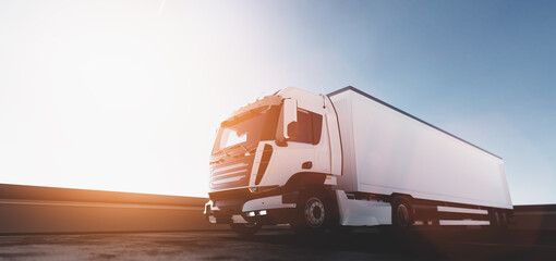 Truck with cargo trailer. Transport, shipping industry. - obrazy, fototapety, plakaty