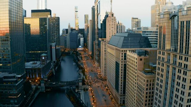 Aerial footage of Downtown Chicago during the riots for the killing by. All bridges were up to limit people from entering downtown.