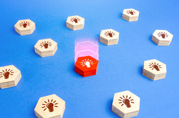 A red figure with a light bulb stands out among the rest. Choose best idea. Promising business startup. Most effective solution to task problem. Patenting and authorship. Confirmed hypothesis version. © Andrii Yalanskyi