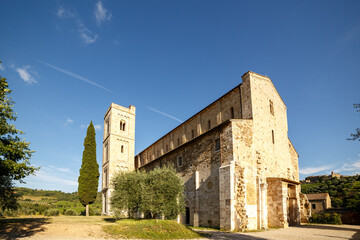 Abbey of Saint Antimo near small town Montalcino, Val d'Orcia, Tuscany, Italy