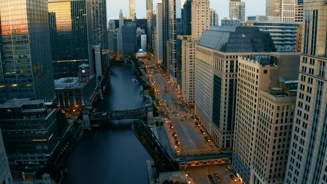 Aerial footage of Downtown Chicago during the riots for the killing by. All bridges were up to limit people from entering downtown.