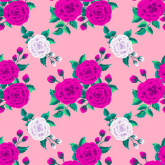 Plant pattern with one stroke painting imitation rose. Seamless folk floral pattern. Rose flowers. Vintage old style background. For textile, wallpaper, covers, surface, print, gift wrap, decoupage.