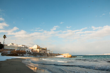 Santa Maria al Bagno beach after a exceptional snowfall, Salento, Italy