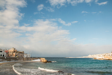 Santa Maria al Bagno beach after a exceptional snowfall, Salento, Italy